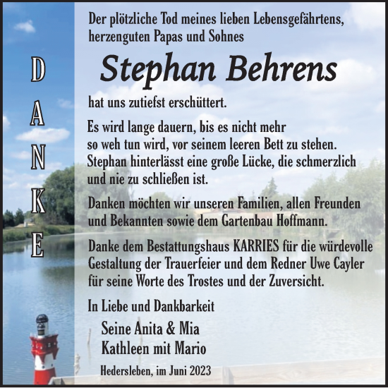 Traueranzeige von Stephan Behrens von Trauerkombi Quedlinburg