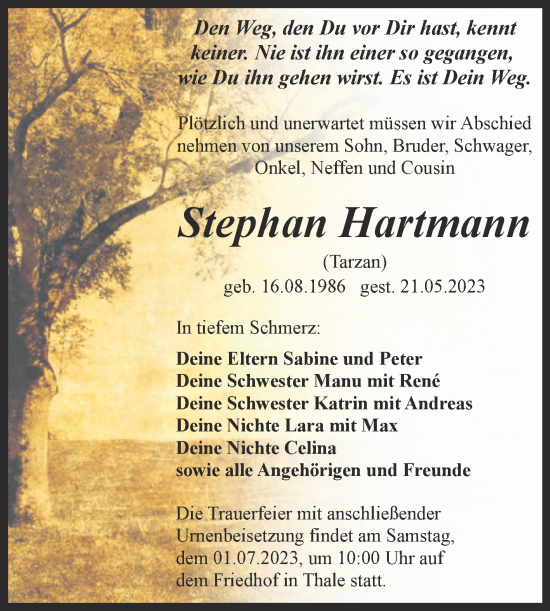 Traueranzeige von Stephan Hartmann von Trauerkombi Quedlinburg
