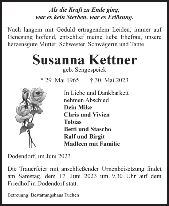 Traueranzeige von Susanna Kettner von Volksstimme Oschersleben/Wanzleben