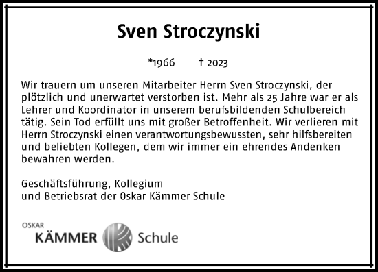 Traueranzeige von Sven Stroczynski von Volksstimme Magdeburg