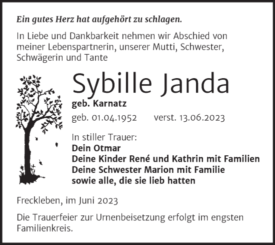 Traueranzeige von Sybille Janda von Trauerkombi Aschersleben