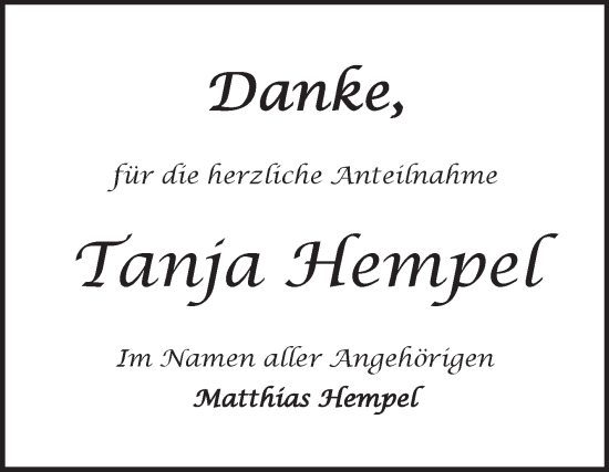 Traueranzeige von Tanja Hempel von Super Sonntag Sangerhausen