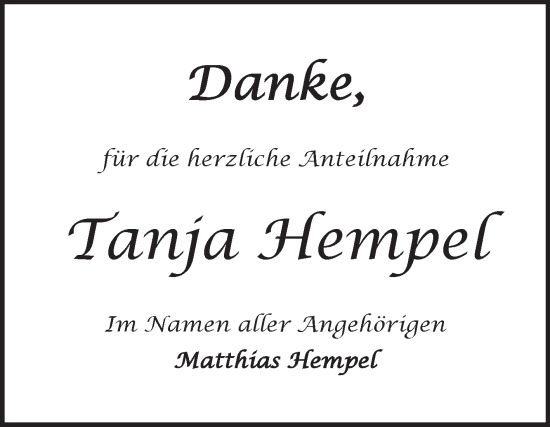 Traueranzeige von Tanja Hempel von Mitteldeutsche Zeitung Sangerhausen