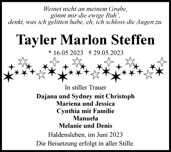 Traueranzeige von Tayler Marlon Steffen von Volksstimme Haldensleben/Wolmirstedt