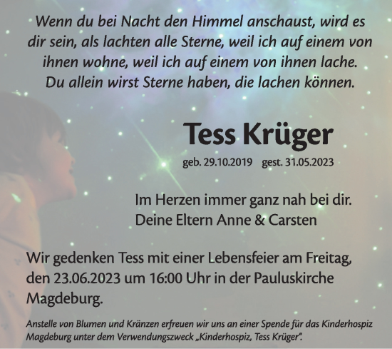 Traueranzeige von Tess Krüger von Volksstimme Magdeburg