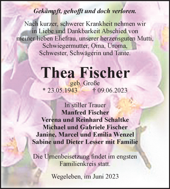 Traueranzeige von Thea Fischer von Volksstimme Halberstadt