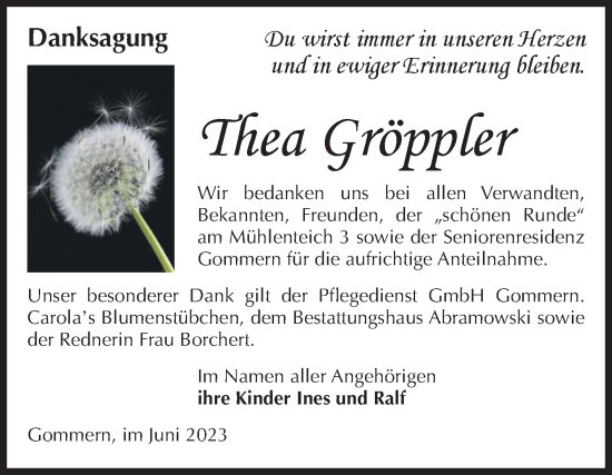 Traueranzeige von Thea Gröppler von Volksstimme Burg/Genthin