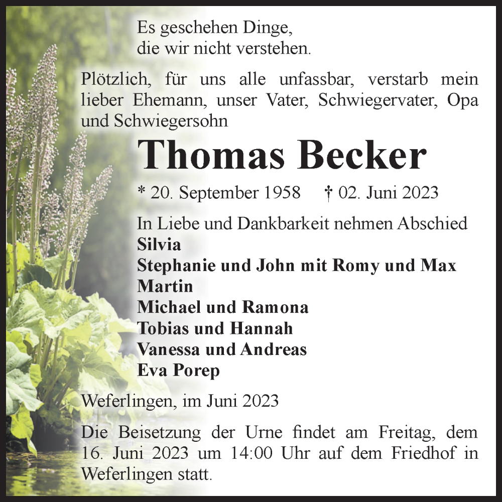  Traueranzeige für Thomas Becker vom 07.06.2023 aus Volksstimme Haldensleben/Wolmirstedt