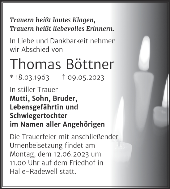 Traueranzeige von Thomas Böttner von Mitteldeutsche Zeitung Halle/Saalkreis