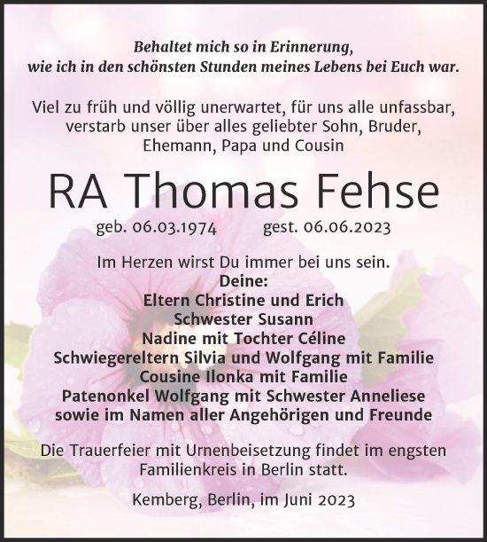 Traueranzeige von Thomas Fehse von Trauerkombi Wittenberg