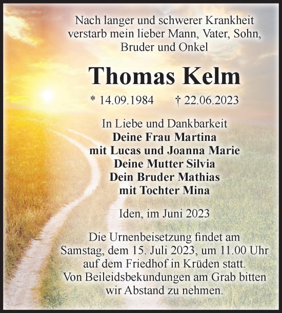 Traueranzeige von Thomas Kelm von Volksstimme Altmark Ost