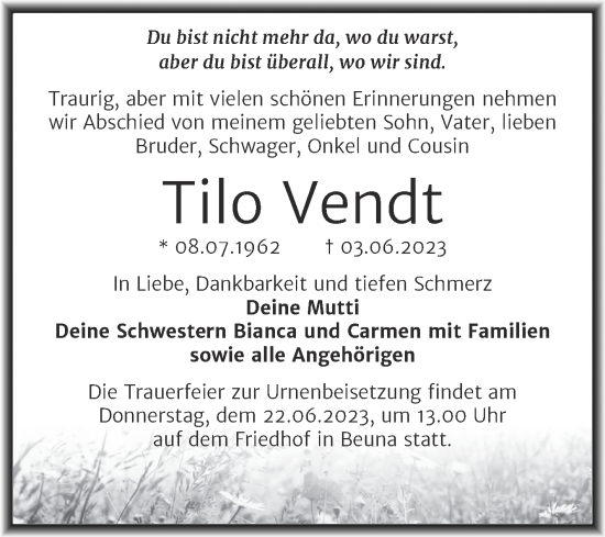 Traueranzeige von Tilo Vendt von Trauerkombi Merseburg