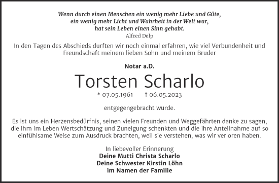 Traueranzeige von Torsten Scharlo von Mitteldeutsche Zeitung Sangerhausen