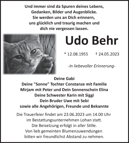 Traueranzeige von Udo Behr von Trauerkombi Bitterfeld
