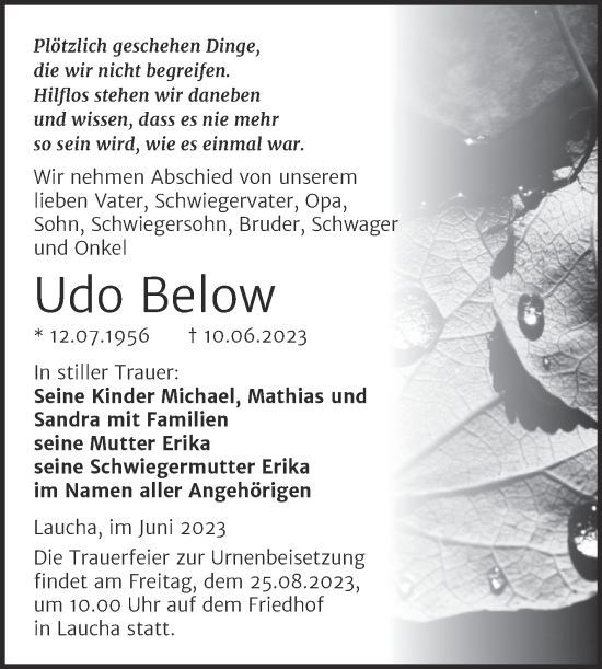 Traueranzeige von Udo Below von Wochenspiegel Naumburg/Nebra