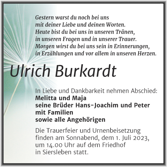Traueranzeige von Ulrich Burkardt von Trauerkombi Mansfelder Land