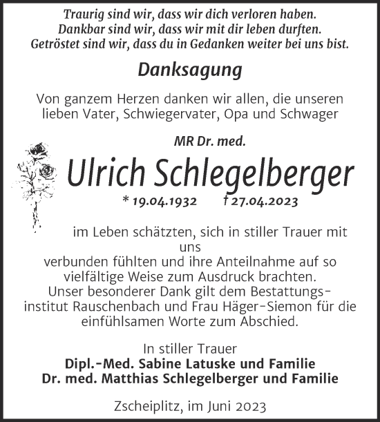 Traueranzeige von Ulrich Schlegelberger von Naumburger Tageblatt