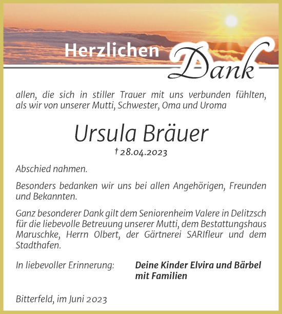 Traueranzeige von Ursula Bräuer von Trauerkombi Bitterfeld
