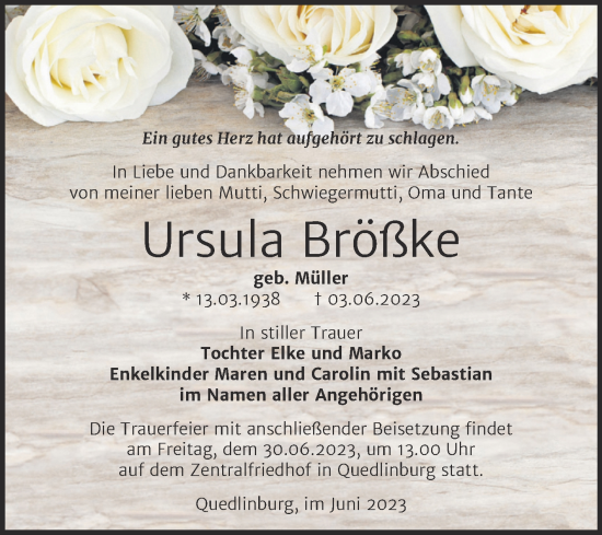 Traueranzeige von Ursula Brößke von Trauerkombi Quedlinburg