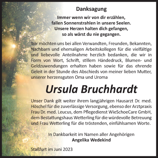 Traueranzeige von Ursula Bruchhardt von Volksstimme Staßfurt