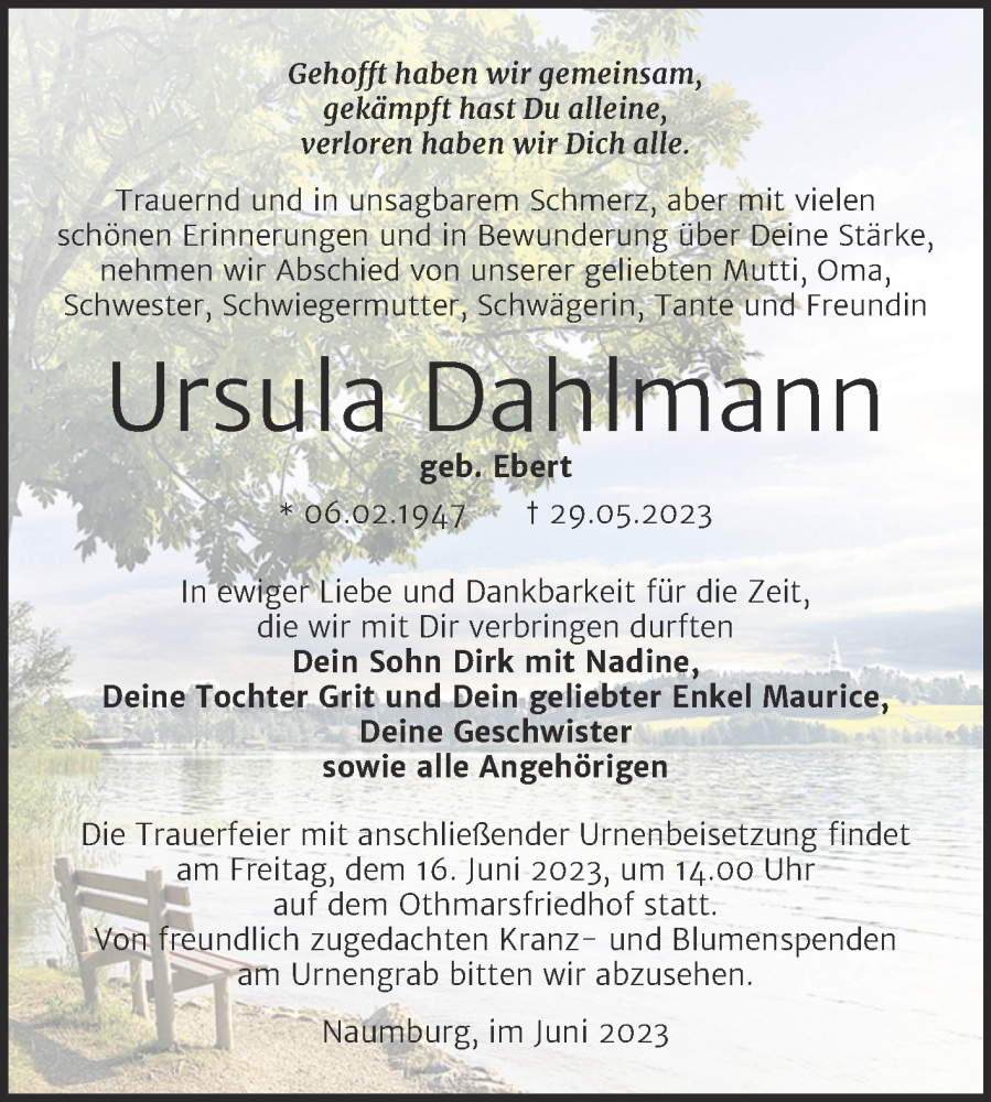  Traueranzeige für Ursula Dahlmann vom 07.06.2023 aus Wochenspiegel Naumburg/Nebra