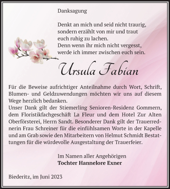 Traueranzeige von Ursula Fabian von Volksstimme Burg/Genthin