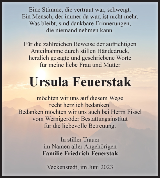 Traueranzeige von Ursula Feuerstak von Volksstimme Wernigerode