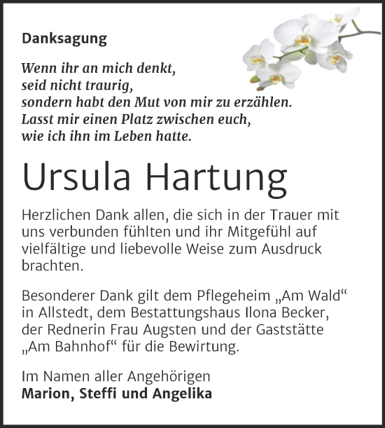 Traueranzeige von Ursula Hartung von Trauerkombi Sangerhausen