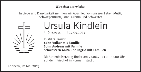 Traueranzeige von Ursula Kindlein von Trauerkombi Bernburg
