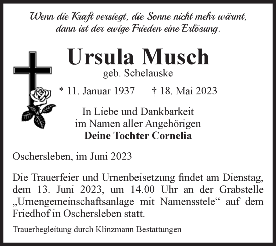 Traueranzeige von Ursula Musch von Volksstimme Oschersleben/Wanzleben