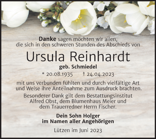 Traueranzeige von Ursula Reinhardt von Trauerkombi Weißenfels