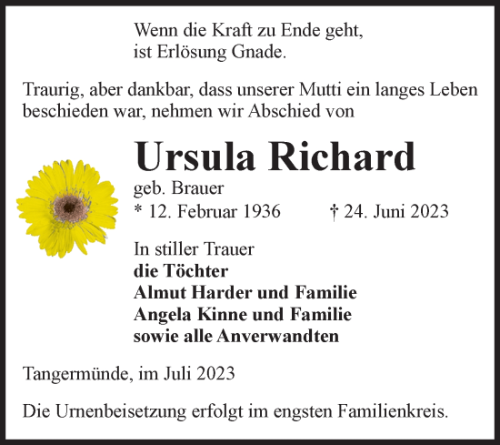 Traueranzeige von Ursula Richard von Volksstimme Altmark Ost