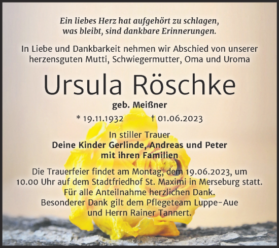 Traueranzeige von Ursula Röschke von Trauerkombi Merseburg