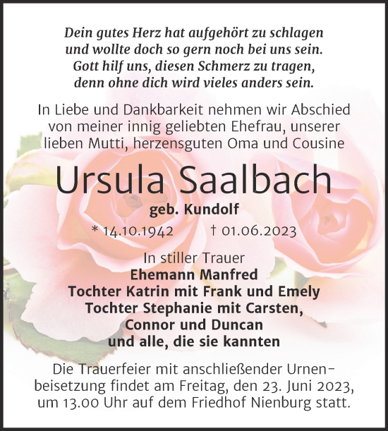 Traueranzeige von Ursula Saalbach von Trauerkombi Bernburg