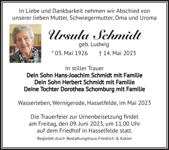 Traueranzeige von Ursula Schmidt von Volksstimme Wernigerode