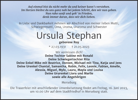 Traueranzeige von Ursula Stephan von Trauerkombi Merseburg