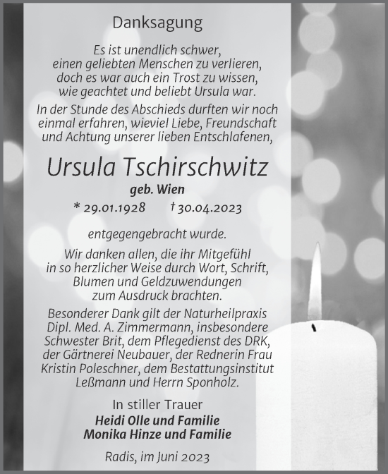 Traueranzeige von Ursula Tschirschwitz von Trauerkombi Wittenberg