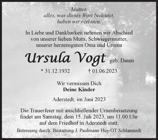 Traueranzeige von Ursula Vogt von Volksstimme Halberstadt