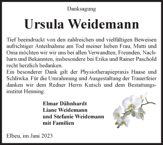 Traueranzeige von Ursula Weidemann von Volksstimme Haldensleben/Wolmirstedt