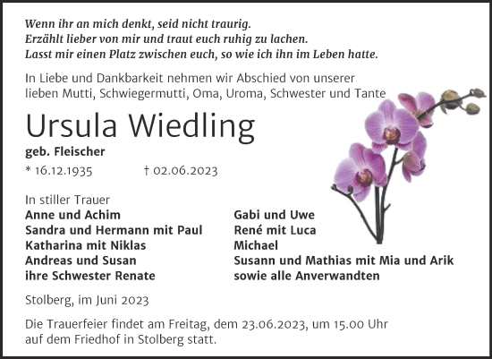 Traueranzeige von Ursula Wiedling von Trauerkombi Sangerhausen