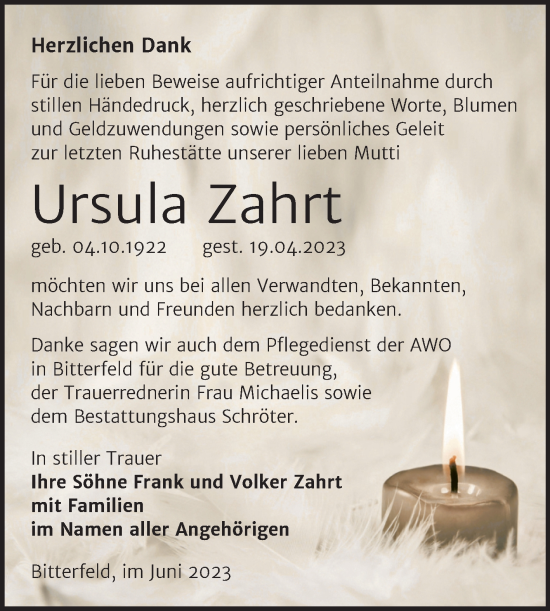 Traueranzeige von Ursula Zahrt von Trauerkombi Bitterfeld