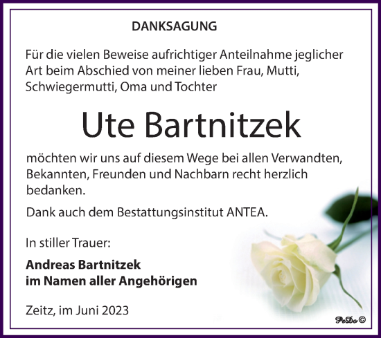 Traueranzeige von Ute Bartnitzek von Trauerkombi Zeitz