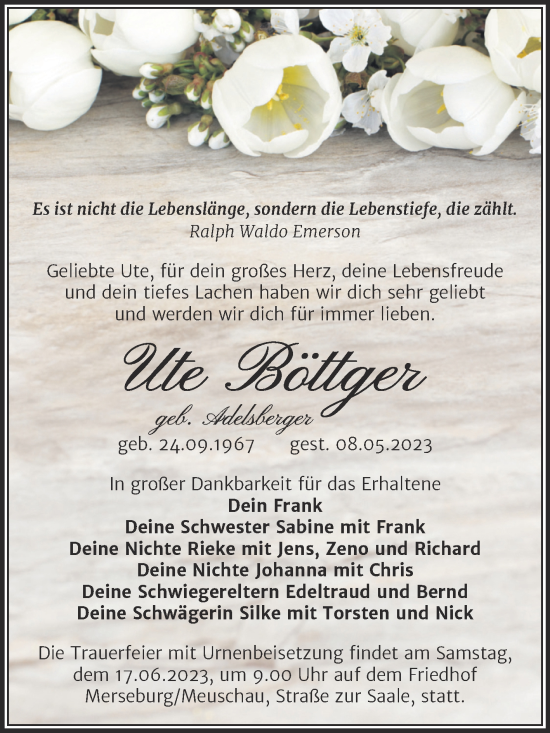 Traueranzeige von Ute Böttger von Trauerkombi Merseburg