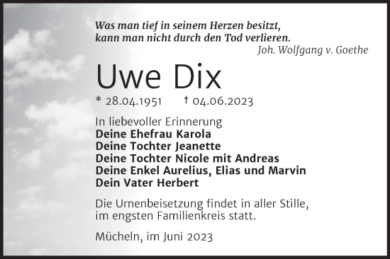 Traueranzeige von Uwe Dix von Trauerkombi Merseburg