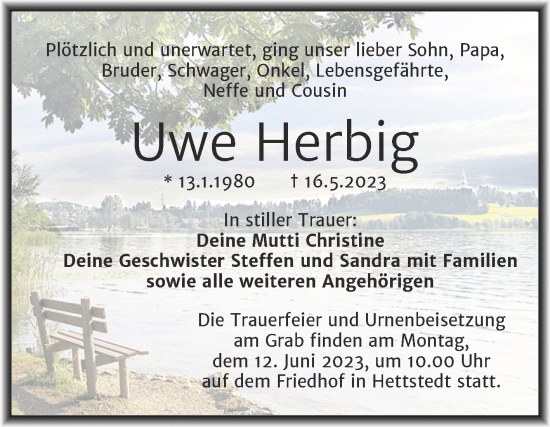 Traueranzeige von Uwe Herbig von Trauerkombi Mansfelder Land