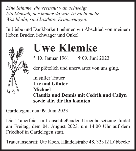 Traueranzeige von Uwe Klemke von Volksstimme Altmark West
