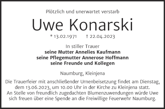 Traueranzeige von Uwe Konarski von Naumburger Tageblatt