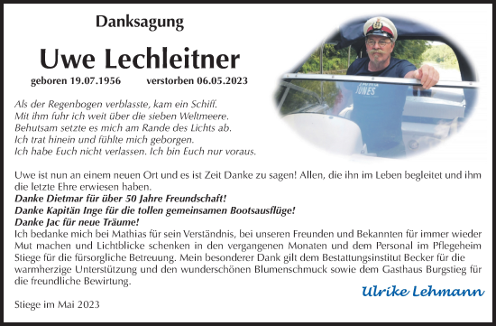 Traueranzeige von Uwe Lechleitner von Volksstimme Wernigerode