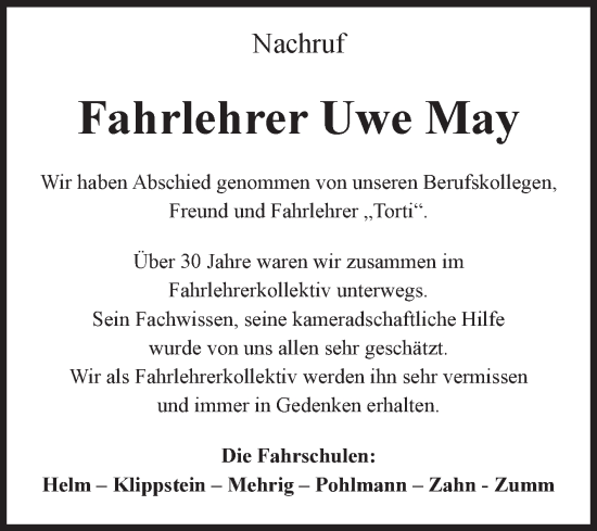 Traueranzeige von Uwe May von Volksstimme Staßfurt