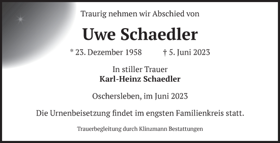 Traueranzeige von Uwe Schaedler von Volksstimme Oschersleben/Wanzleben